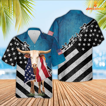 JoyCorners Texas Longhorn Cattle American Flag Hawaiian Shirt