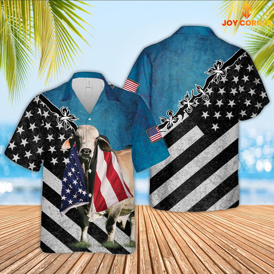 JoyCorners Brahman Cattle American Flag Hawaiian Shirt