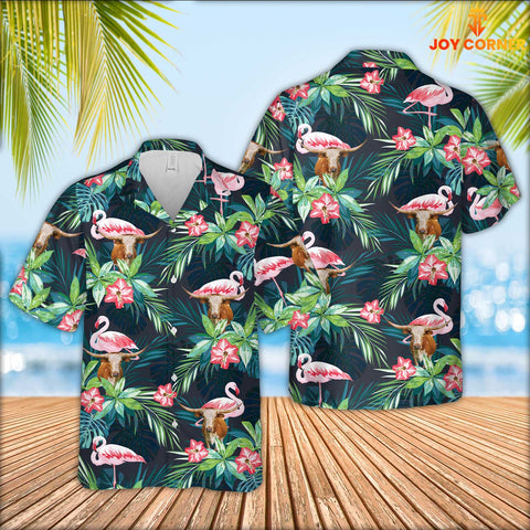 JoyCorners Texas Longhorn Cattle Flamingo Hawaiian Shirt