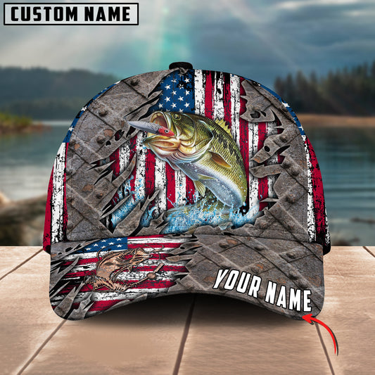 Joycorners Custom Name Bass Fishing US Flag 3D Classic Cap