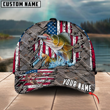 Joycorners Custom Name Walleye Fishing US Flag 3D Classic Cap