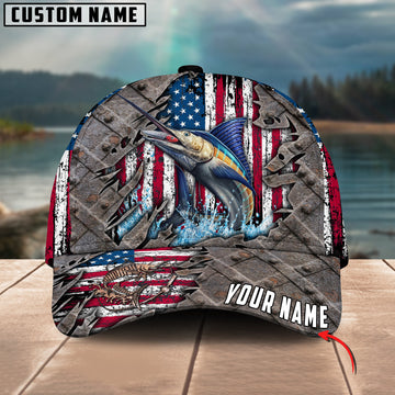 Joycorners Custom Name Marlin Fishing US Flag 3D Classic Cap