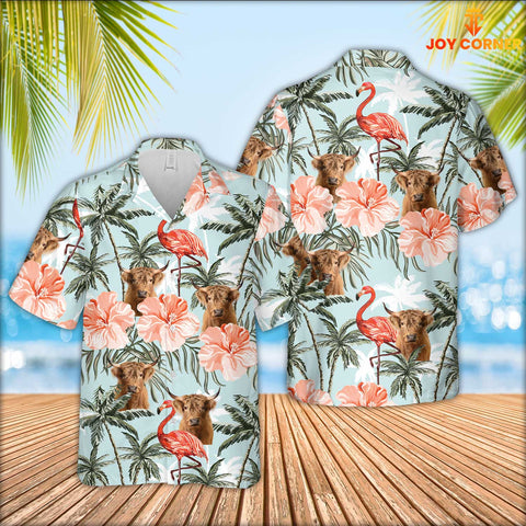 JoyCorners Highland Cattle Flamingo Hawaiian Shirt