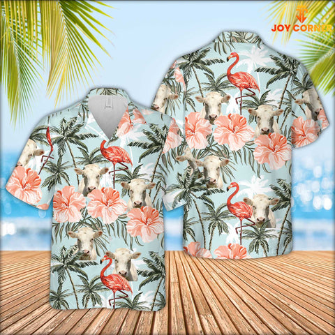 JoyCorners Charolais Cattle Flamingo Hawaiian Shirt