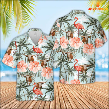 JoyCorners Texas Longhorn Cattle Flamingo Hawaiian Shirt