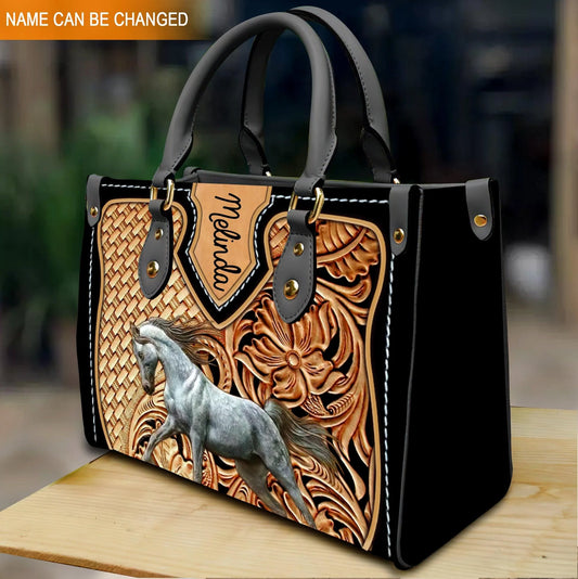 JC White Horse Carving Leather Pattern Custom Name 3D Leather Handbag