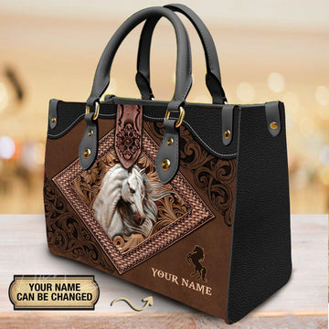 JC White Horse Carving Leather Pattern Custom Name 3D Leather Handbag