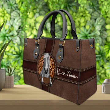 JC White Horse Carving Leather Pattern Custom Name 3D Leather Handbag