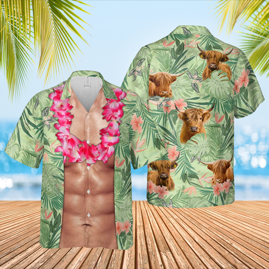 JoyCorners Highland Cattle Funny 6-pack Body Hawaiian Shirt