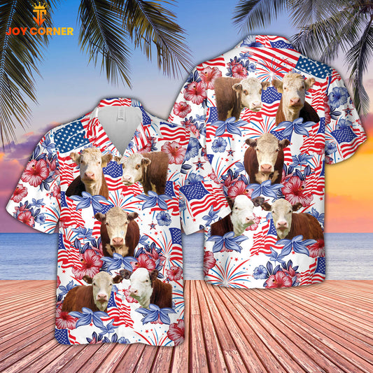 Joycorners Hereford Cattle US 4th Of July Hawaiian Shirt