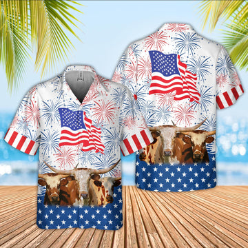 Joycorners Texas Longhorn Cattle US 4th Of July Hawaiian Shirt