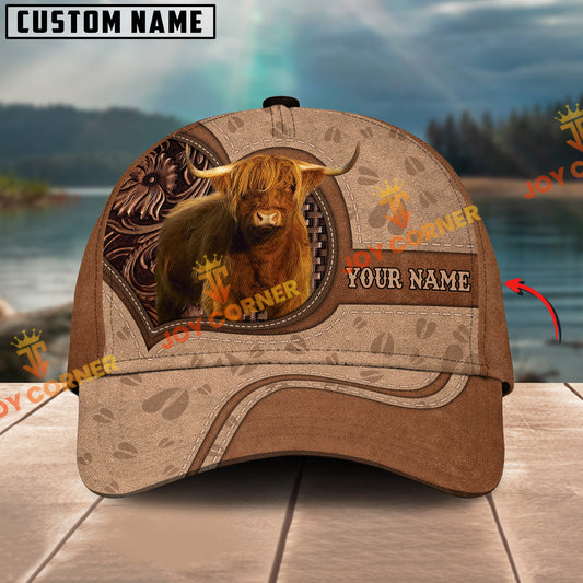 Joycorners Highland Cattle Leather Carving Customized Name 3D Classic Cap