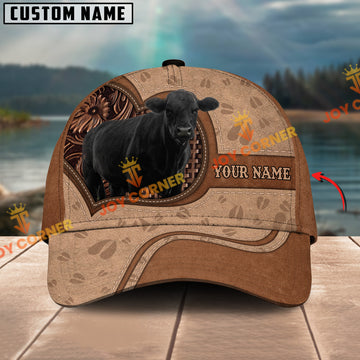 Joycorners Black Angus Cattle Leather Carving Customized Name 3D Classic Cap