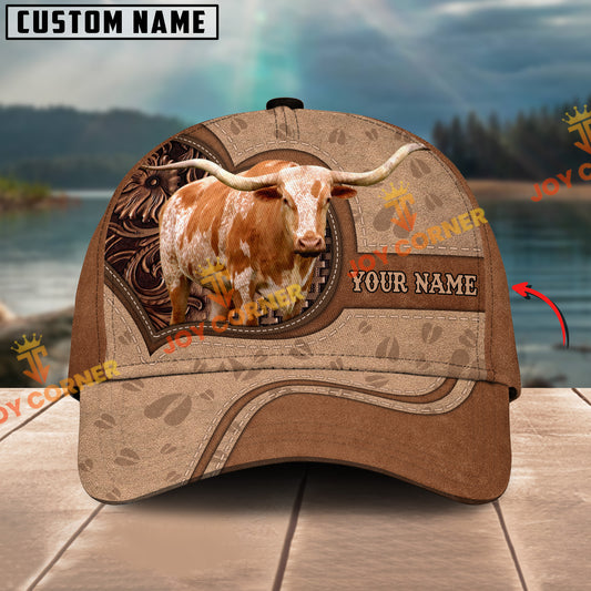 Joycorners Texas Longhorn Cattle Leather Carving Customized Name 3D Classic Cap