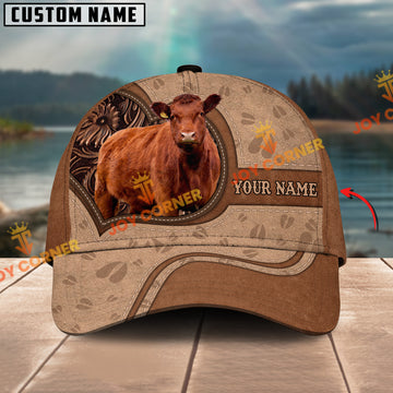 Joycorners Red Angus Cattle Leather Carving Customized Name 3D Classic Cap