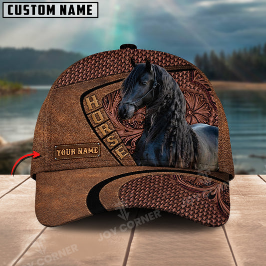 Joycorners Friesian Horse Carving Leather Pattern Custom Name 3D Classic Cap