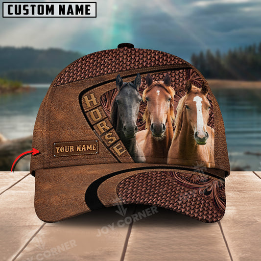 Joycorners Three Horses Carving Leather Pattern Custom Name 3D Classic Cap