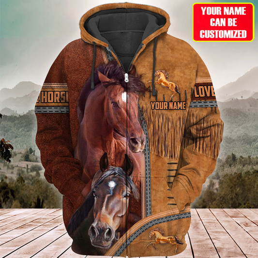 Joycorners Custom Name 2 Brown Horses Lovers 3D Hoodie