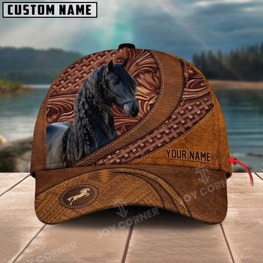 Joycorners Friesian Horse Carving Leather Pattern Custom Name 3D Classic Cap