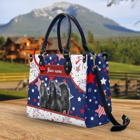 JC Friesian Horse America Lovers Custom Name 3D Leather Handbag