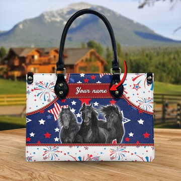 JC Friesian Horse America Lovers Custom Name 3D Leather Handbag