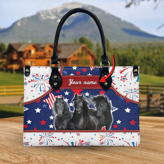 JC Friesian Horse America Lovers Custom Name 3D Leather Handbag