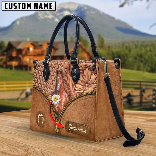 JC American Quarter Horse Center Zip Pattern Custom Name 3D Leather Handbag