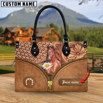 JC American Quarter Horse Center Zip Pattern Custom Name 3D Leather Handbag