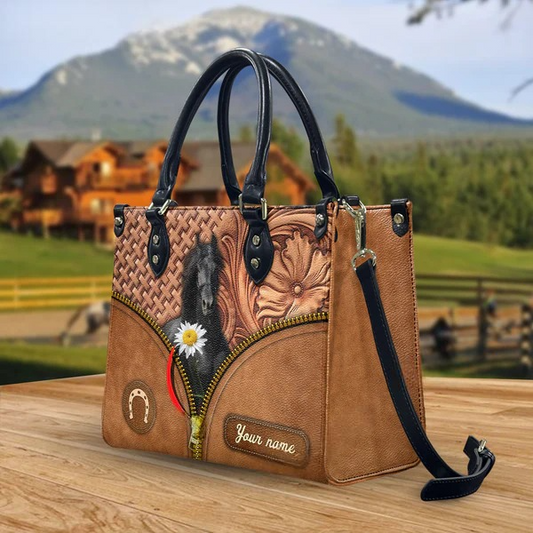 JC Friesian Horse Center Zip Pattern Custom Name 3D Leather Handbag