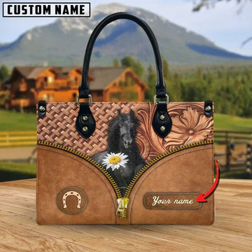 JC Friesian Horse Center Zip Pattern Custom Name 3D Leather Handbag