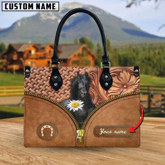 JC Friesian Horse Center Zip Pattern Custom Name 3D Leather Handbag