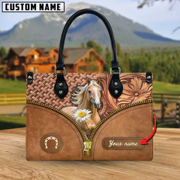 JC Palomino Horse Center Zip Pattern Custom Name 3D Leather Handbag