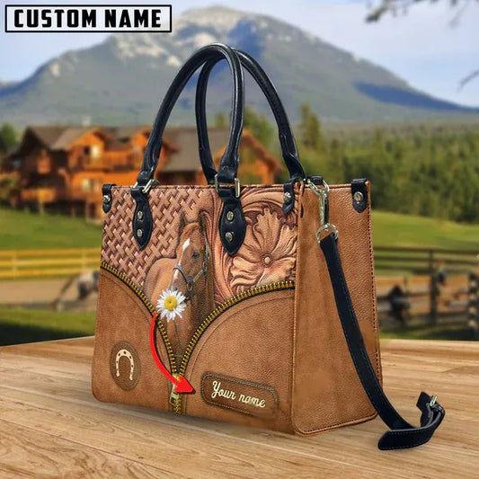 JC Thoroughbred Horse Center Zip Pattern Custom Name 3D Leather Handbag