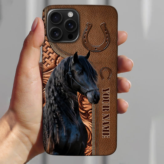 Joycorners Friesian Horse Leather Pattern Custom Name Phone Case - Iphone