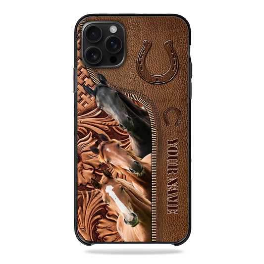 Joycorners Horse Lovers Leather Pattern Custom Name Phone Case - Iphone