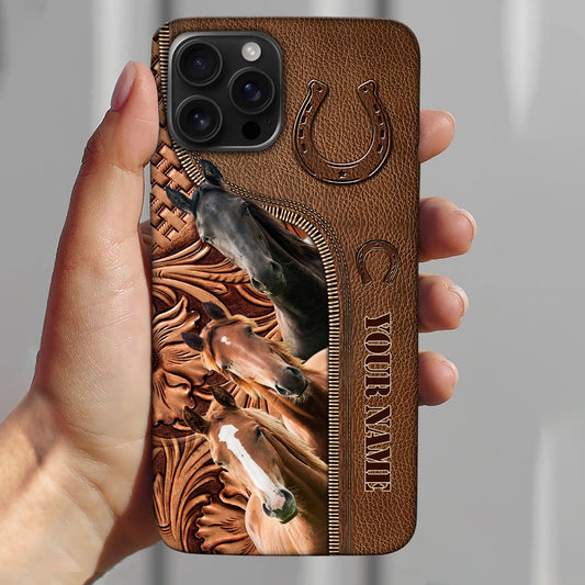 Joycorners Horse Lovers Leather Pattern Custom Name Phone Case - Iphone