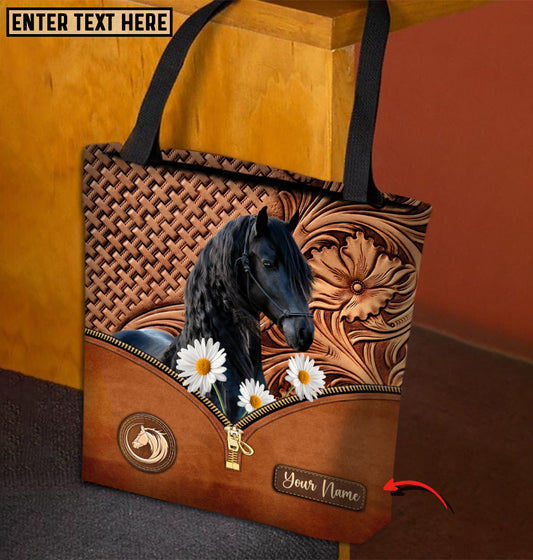 Joycorners Daisy Friesian Horse Carving Leather Pattern Custom Name 3D Tote Bag