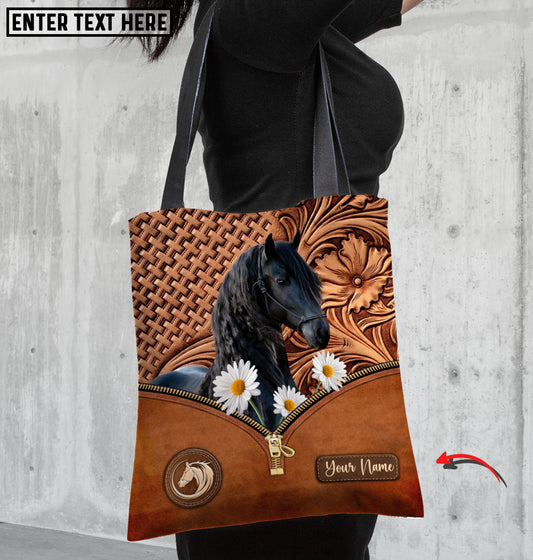 Joycorners Daisy Friesian Horse Carving Leather Pattern Custom Name 3D Tote Bag