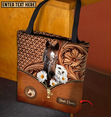 Joycorners Daisy Appaloosa Horse Carving Leather Pattern Custom Name 3D Tote Bag