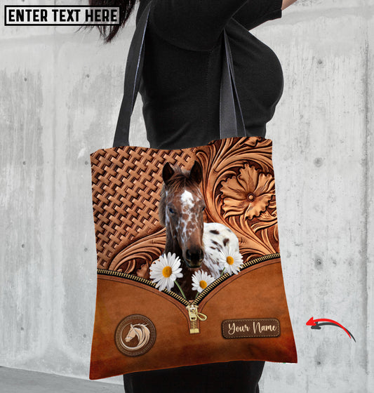 Joycorners Daisy Appaloosa Horse Carving Leather Pattern Custom Name 3D Tote Bag