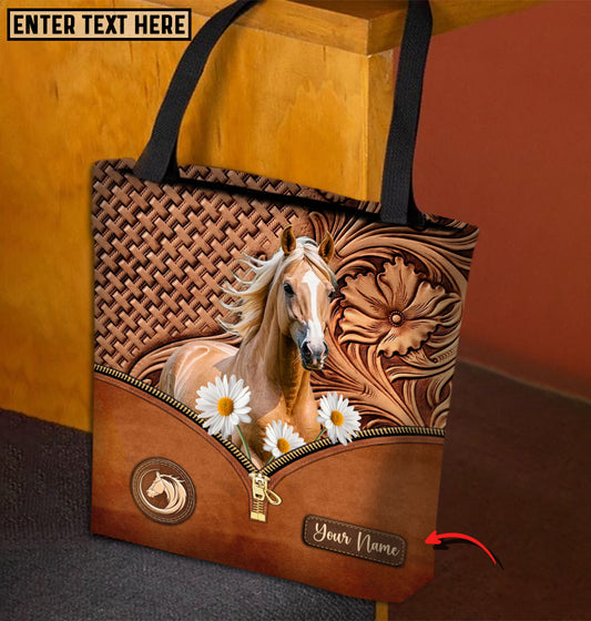 Joycorners Daisy Palomino Horse Carving Leather Pattern Custom Name 3D Tote Bag