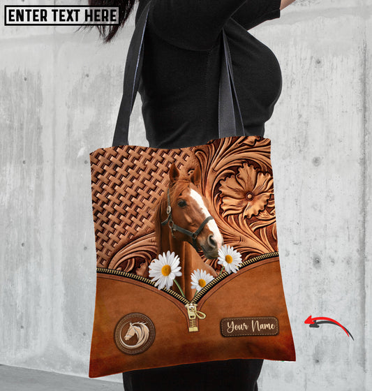 Joycorners Daisy Thoroughbred Horse Carving Leather Pattern Custom Name 3D Tote Bag