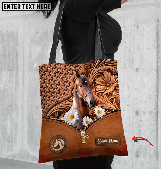 Joycorners Daisy Morgan Horse Carving Leather Pattern Custom Name 3D Tote Bag