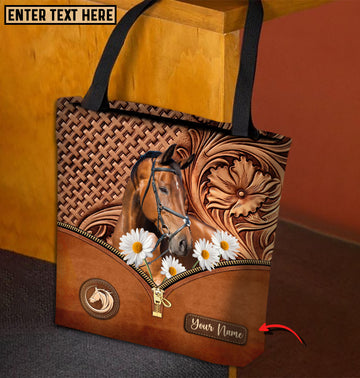 Joycorners Daisy Warmblood Horse Carving Leather Pattern Custom Name 3D Tote Bag