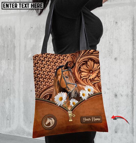 Joycorners Daisy Warmblood Horse Carving Leather Pattern Custom Name 3D Tote Bag