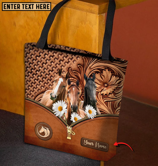 Joycorners Daisy Three Horses Lovers Carving Leather Pattern Custom Name 3D Tote Bag