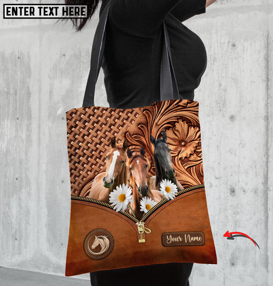 Joycorners Daisy Three Horses Lovers Carving Leather Pattern Custom Name 3D Tote Bag