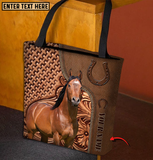 Joycorners American Quarter Horse Carving Leather Pattern Custom Name 3D Tote Bag