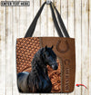 Joycorners Friesian Horse Carving Leather Pattern Custom Name 3D Tote Bag