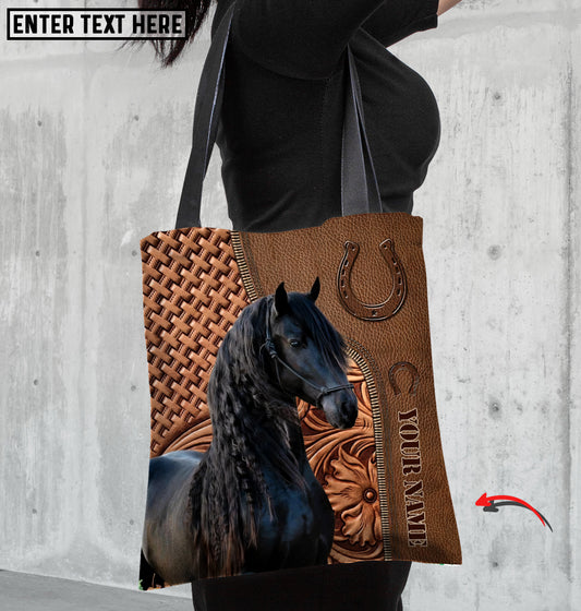 Joycorners Friesian Horse Carving Leather Pattern Custom Name 3D Tote Bag